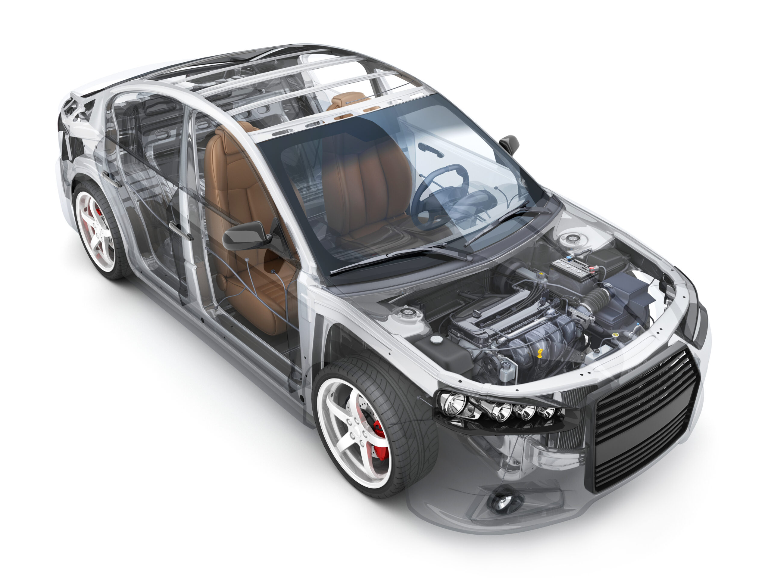 Transparent body car and spare and engine and other detail on white background. 3d illustration